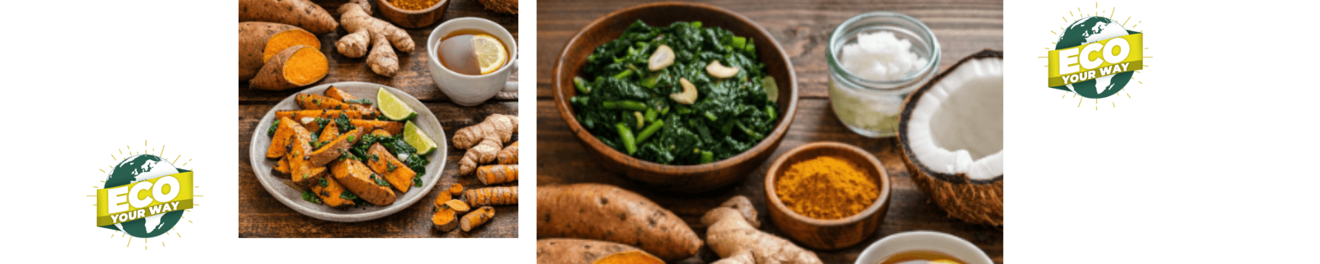 Assortment of Jamaican superfoods—callaloo, sweet potato, ginger, turmeric, and coconut—supporting hormonal balance naturally. Jamaican foods for hormonal balance