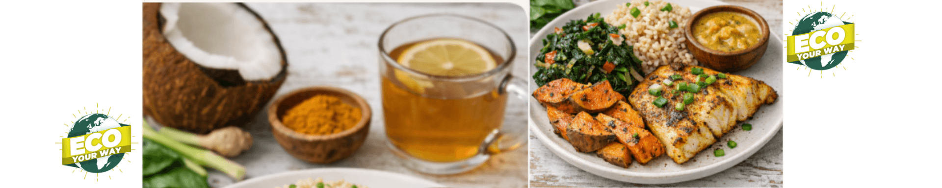 Jamaican hormone friendly meal Hormone‑friendly Jamaican meal with turmeric‑ginger fish, roasted sweet potatoes, callaloo, and coconut curry sauce.